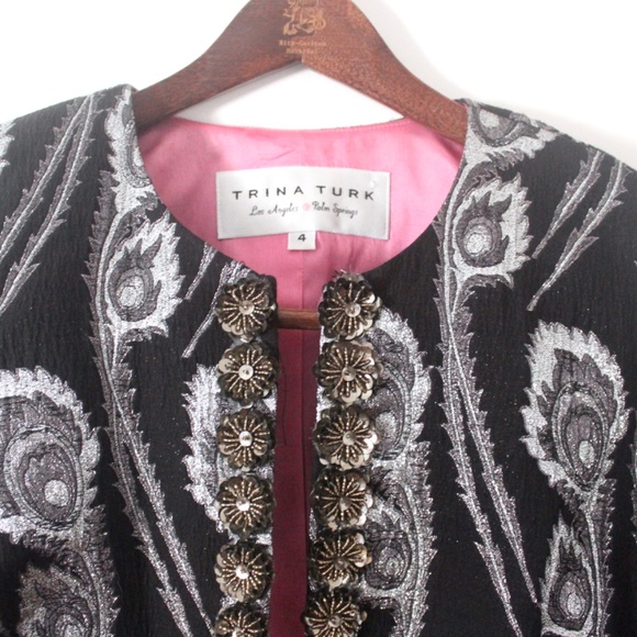 Vintage Trina Turk Pant Suit Size 4, Metallic Silver and Black, Faux Fur Cuffs - Picture 2 of 9